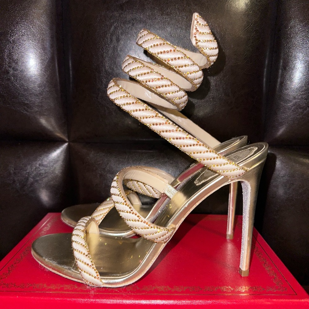 BRAND NEW RENE CAVIOLLA CLEO SANDALS (Beige Satin/Metallic Sunshine)